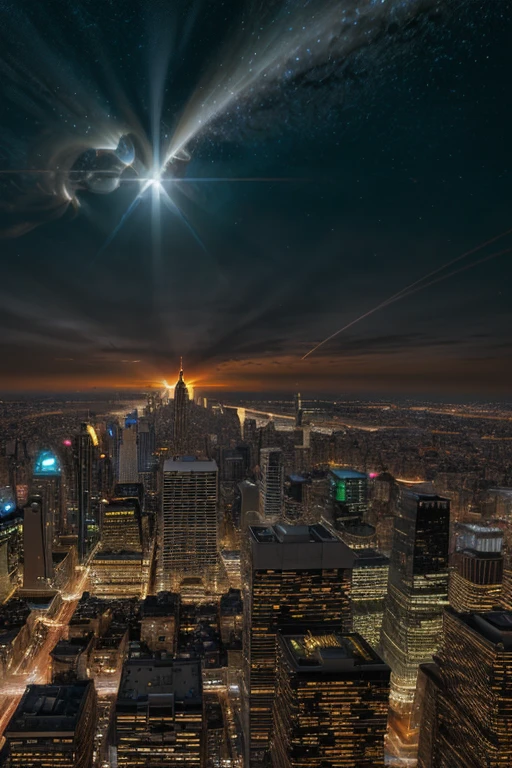 RAW photograph of a (city skyline at night),with distant (5un5p0t sun:0.9)(rising high in the sky above),with sunspots and solar flares,HDR,(wide angle shot),sharp focus,(highly detailed),(8k wallpaper),intricately detailed,highres,absurdres,hyper realistic,8K UHD DSLR,IMAX,extremely intricate,4k textures,cinematic look),hyperdetailed,<lora:C0r0n4_06B-000002:0.9>,