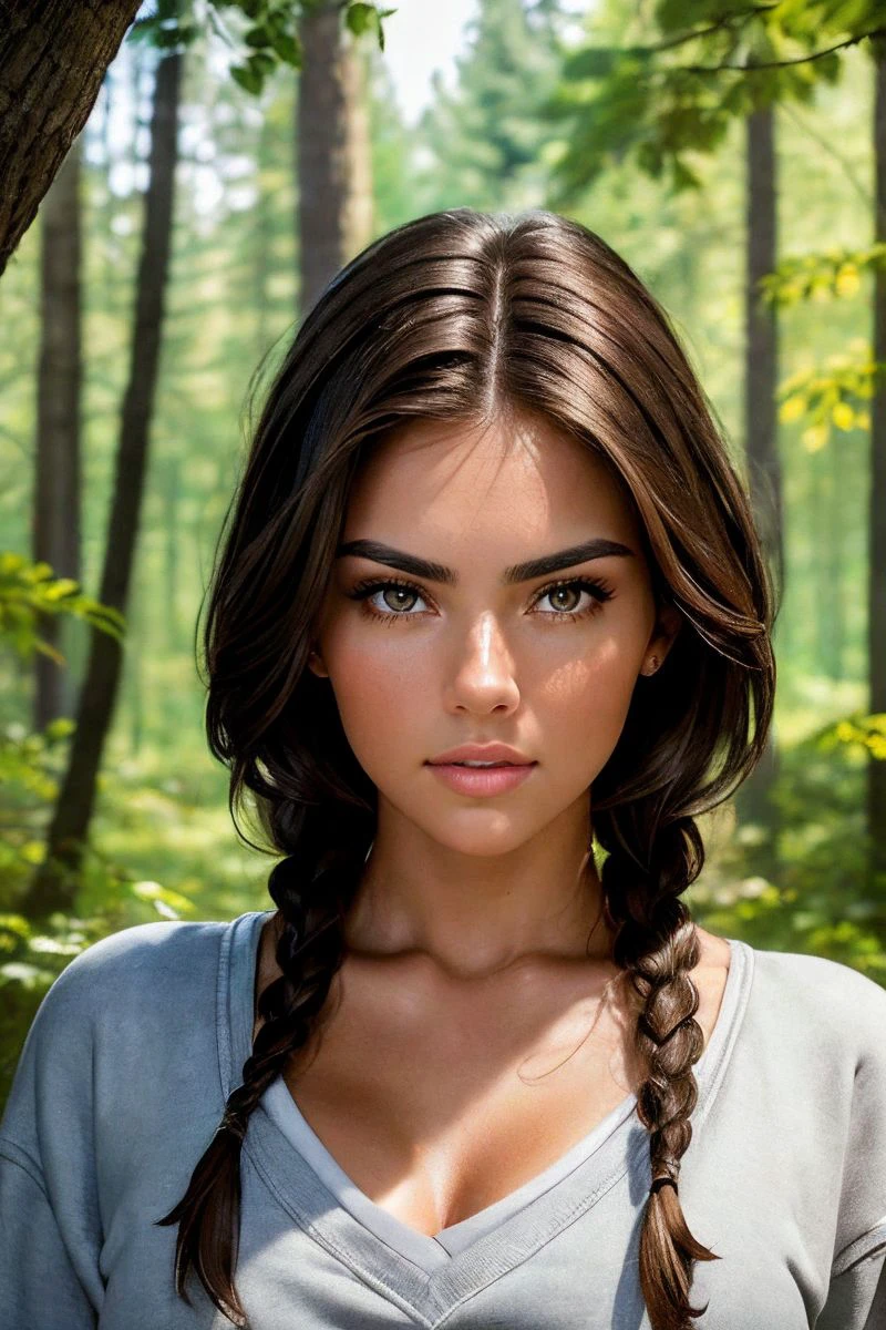 portrait of S282_AndreaAngel,a gorgeous woman,in a (forest:1.1),wearing a (vneck-sweatshirt:1.1),(braids),(4k, RAW photo, best quality, depth of field, ultra high res:1.1),(absurdres, intricate, photorealistic, masterpiece, ultra-detailed:1.1),