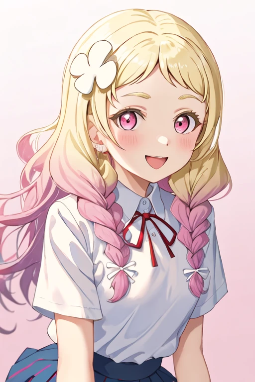 best quality, masterpiece, highres, solo, {onitsuka_natsumi_lovelivesuperstar:1.15}, blonde_hair, multicolored_hair, gradient_hair, pink_hair, braid, long_hair, twin_braids, pink_eyes, hair_ornament, smile, flower, hair_flower, blush, bangs, red_eyes, 1girl, one_eye_closed, looking_at_viewer, open_mouth, school_uniform, shirt, short_sleeves, pink_background, upper_body, white_shirt, yuigaoka_school_uniform