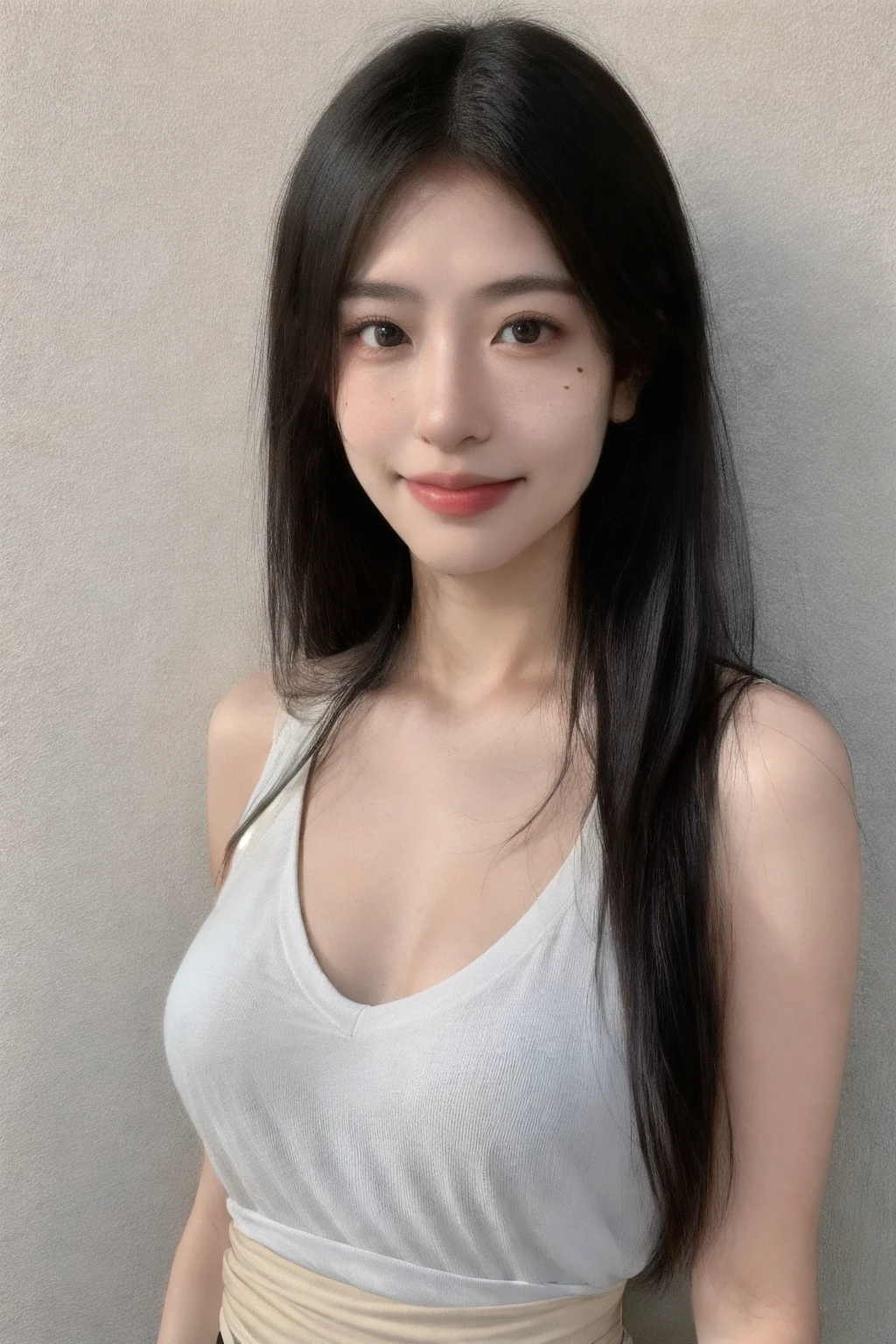 1girl, high quality, looking at viewer,upper body, see-through, v-neck, mole under eye, tank top, waist
 <lora:CarpeDiem_v3-000014:0.67>