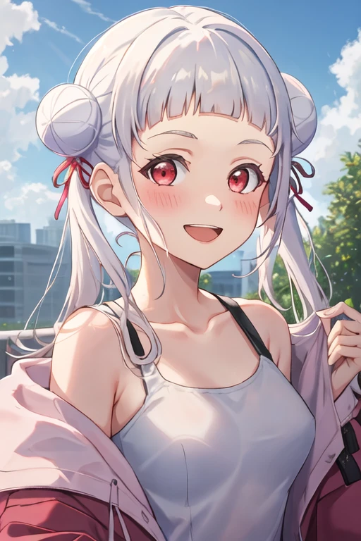 best quality, masterpiece, highres, solo, {arashi_chisato_lovelivesuperstar:1.15}, bangs, white_hair, hair_bun, double_bun, red_eyes, smile, blush, twintails, long_hair, blunt_bangs, open_mouth, 1girl, looking_at_viewer, upper_body, collarbone, birthday, portrait, shirt, sky, cloud