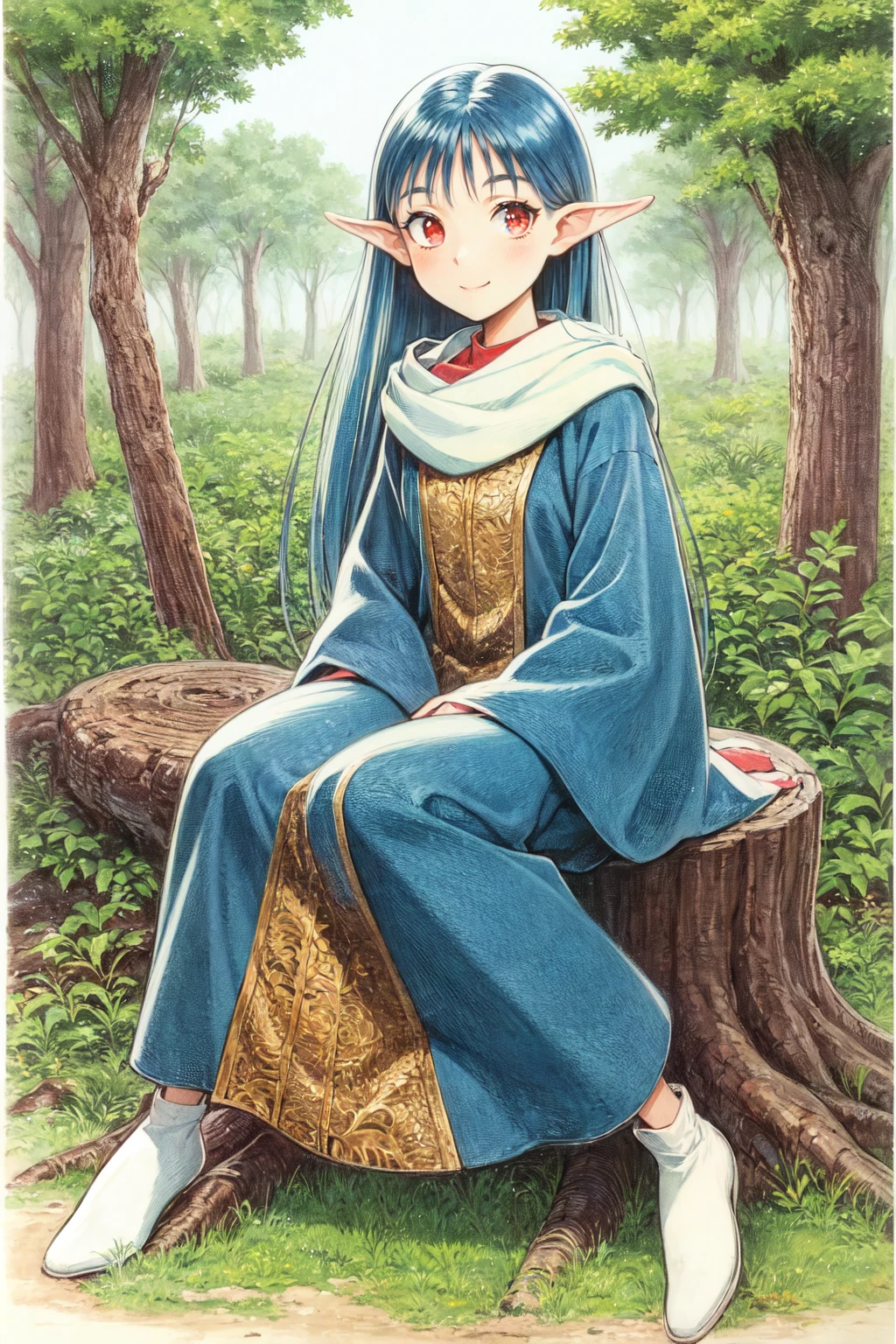 sarasf, 1girl, solo, robe, long sleeves, white footwear, smile, wide sleeves, closed mouth, blush, looking at viewer, sitting, tree stump, forest, tree, sky, traditional media, 1990s \(style\), <lora:sarasf_V2-10:0.7>