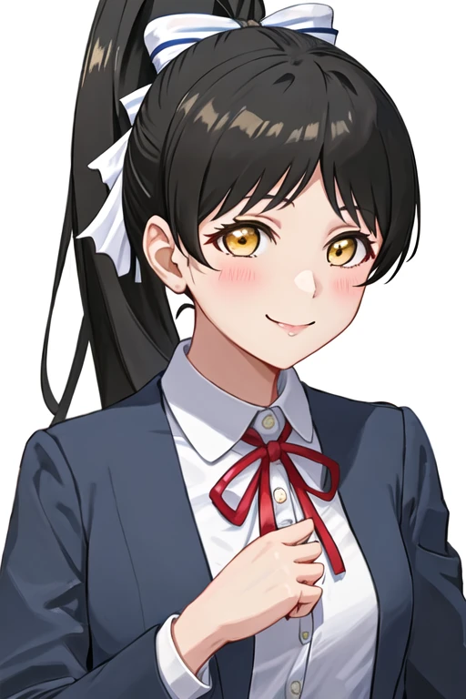 best quality, masterpiece, highres, solo, {hazuki_ren_lovelivesuperstar:1.15}, long_hair, bangs, yellow_eyes, black_hair, ponytail, high_ponytail, smile, blush, shiny_hair, birthday, ribbon, bow, breasts, hair_bow, 1girl, blue_jacket, collared_shirt, jacket, looking_at_viewer, neck_ribbon, red_ribbon, school_uniform, shirt, yuigaoka_school_uniform, portrait, shiny, upper_body, white_shirt, simple_background