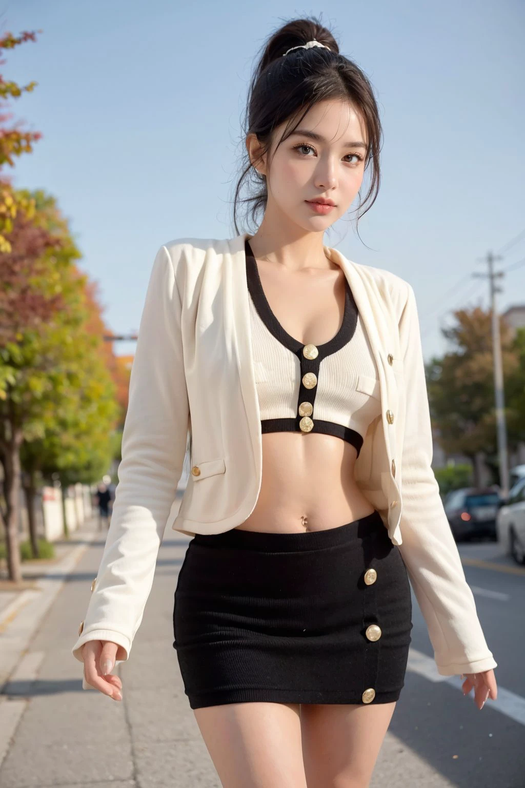 Female, (Big breasts), (Qi bangs, ponytail), (Ancient, Heroine), (velvaura, white bra, midriff, black skirt), cropped jacket, (black jacket), long sleeves, Standing in the city street, falling leaves, sun rays, black shades, autumn leaves, warm climate, (long legs), (ring finger diamond ring), full body, (looking at viewer), masterpiece, realistic, ((face closeup, face shot))