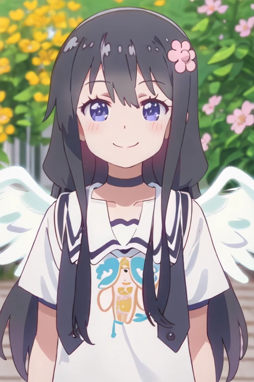 best quality, masterpiece, highres, solo, {hana_shirosaki_watashinitenshigamaiorita:1.15}, black_hair, long_hair, bangs, blush, blue_eyes, hair_between_eyes, hair_ornament, closed_mouth, flower, hair_flower, pink_flower, 1girl, angel_wings, choker, collarbone, shirt, upper_body, white_shirt, wings, sidelocks, green_choker, white_wings, blurry, outdoors, smile
