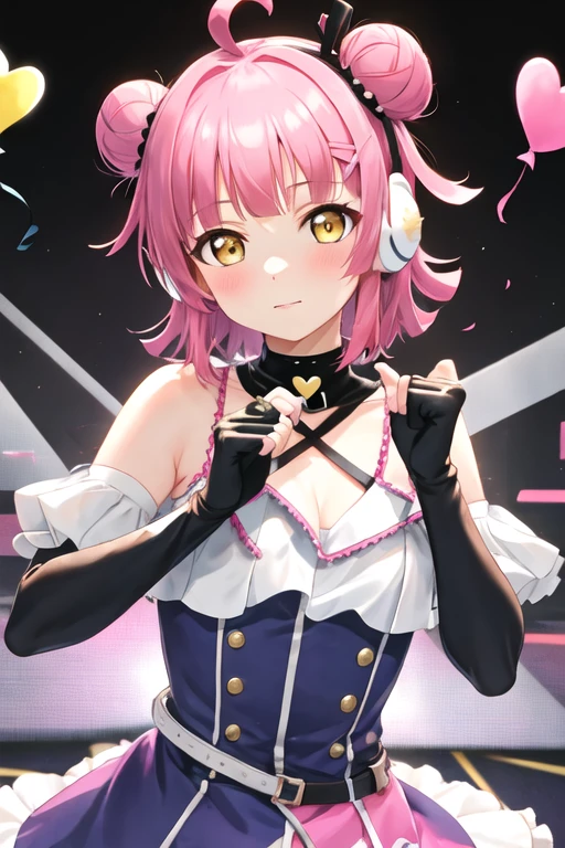 (Perfect body),Best Quality,(8K Portrait),(Official art)、(((NSFW)))、(((((Lori)))))、((((Wavy mouth))))、(((:o)))、(((blush))),(((((flat chest)))))、small tits、Sweat、((Big ass))、((Pink hair),((Short hair))、waved hair、(Orange Eyes)、((((thick thighs))))、((White bodysuit))、(((pink ruffle skirt)))、(Armpits)、(((((Short stature)))))、(((Jumping)))、(((Light blue striped panties)))、((Nekomimi))、((headphones))、Cowboy Shot、Both arms are grabbed、Grabbed by the chest、Locker Room、