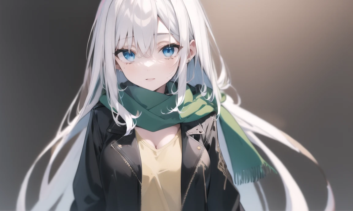 finely detail, Depth of field,best quality, illustration,highres,intricate detail, an extremely delicate and beautiful,
1girl, long hair, shirt, yellow shirt, (namess koishi:0.4), disheveled hair, breasts black jacket, black sleeves,white hair, green scarf, blue eyes, ,skirt, <lora:20240107-1704597280257-0002:0.75>