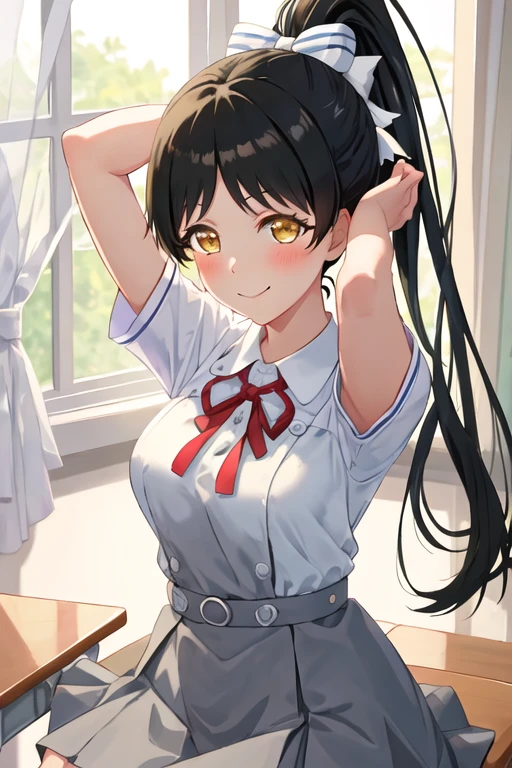 best quality, masterpiece, highres, solo, {hazuki_ren_lovelivesuperstar:1.15}, long_hair, bangs, yellow_eyes, black_hair, ponytail, high_ponytail, smile, blush, shiny_hair, birthday, ribbon, bow, breasts, hair_bow, 1girl, looking_at_viewer, neck_ribbon, pinafore_dress, red_ribbon, school_uniform, shirt, short_sleeves, white_shirt, yuigaoka_school_uniform, arms_up, dress, grey_dress, closed_mouth, collared_shirt, summer_uniform, sunlight, indoors, tying_hair, upper_body, window, medium_breasts