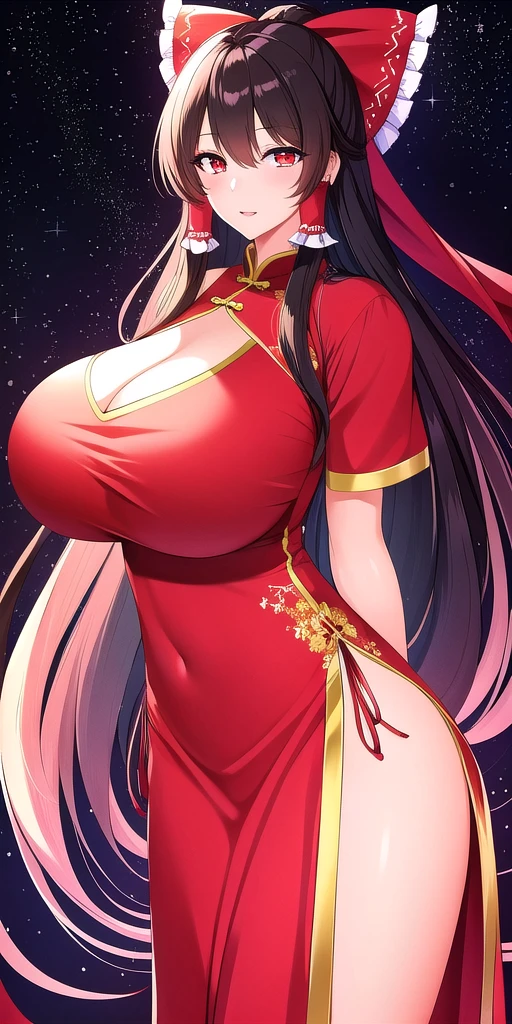<lora:ReimuV3:0.7> hakureireimu, huge_breasts, standing, solo, china_dress, starry_sky,, masterpiece, best quality, detailed face, detailed eyes, highres,