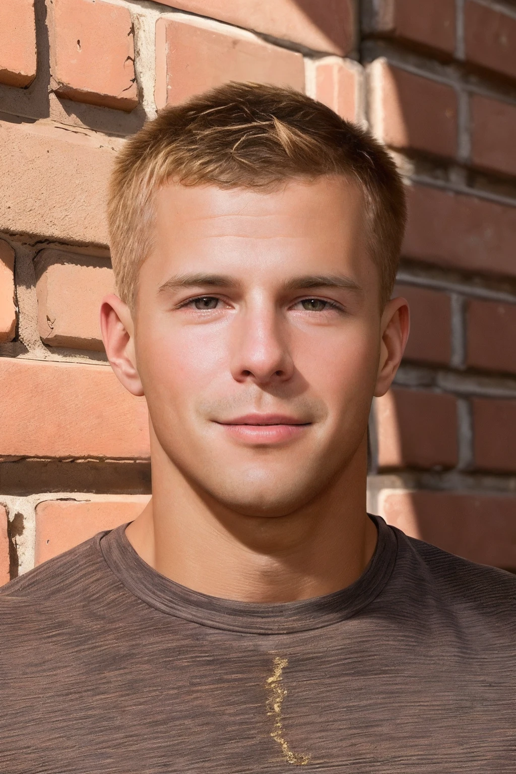 male focus, headshot photo of sc_nxn <lora:sc_nxn-07:0.85>, outdoors, simple brick wall background, wearing a fitted crew-neck t-shirt, natural lighting, golden hour, relaxed confident expression, (slight smile:0.5)