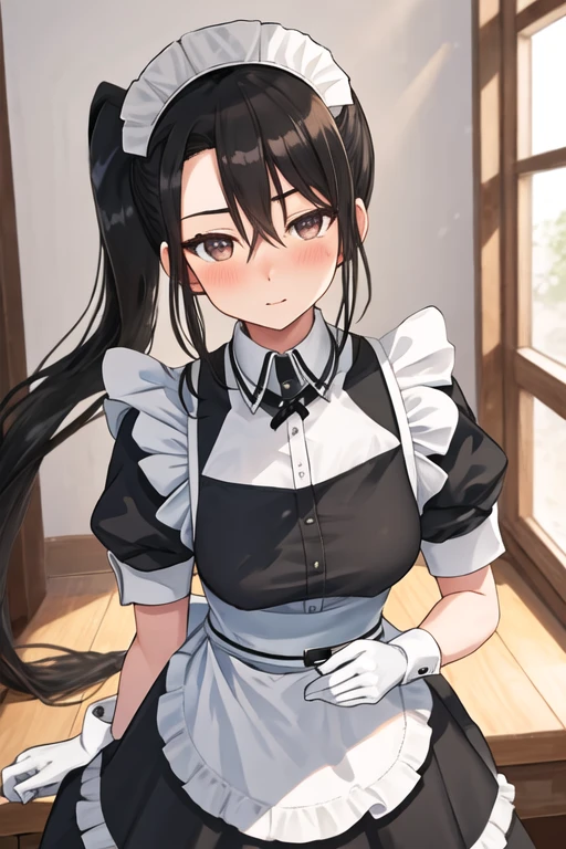 best quality, masterpiece, highres, solo, {maid:1.40}, {long maid dress:1.15}, {nachi_kantaicollection:1.15}, long_hair, black_hair, side_ponytail, brown_eyes, blush, hair_between_eyes, very_long_hair, breasts