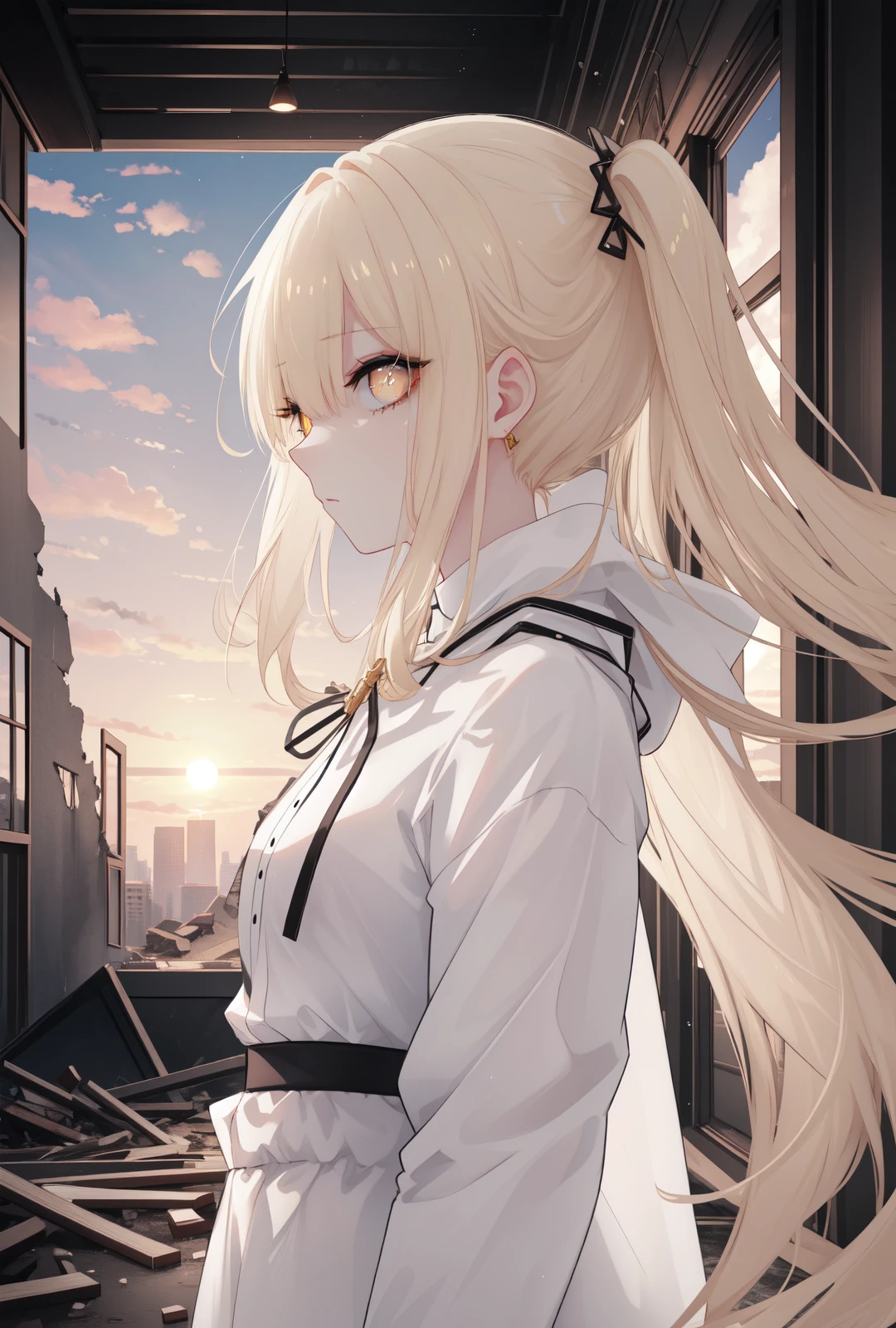 {{masterpiece}},illustration,best quality,extremely detailed CG unity 8k wallpaper,original,high resolution,oversized documents,portrait,{{{{{extremely delicate and beautiful girl}}}}},1girl,solo,messy hair,hair flowing in the wind,blonde hair,very long hair,beautiful detail eyes,jewel eyes,glowing circle pupils,{{golden eyes}},good lighting,{{{{ray tracing}}}},sparkling,{{abandoned building}},{{on ruins}},{{staring at sunset at dusk}},depth of field,profile,