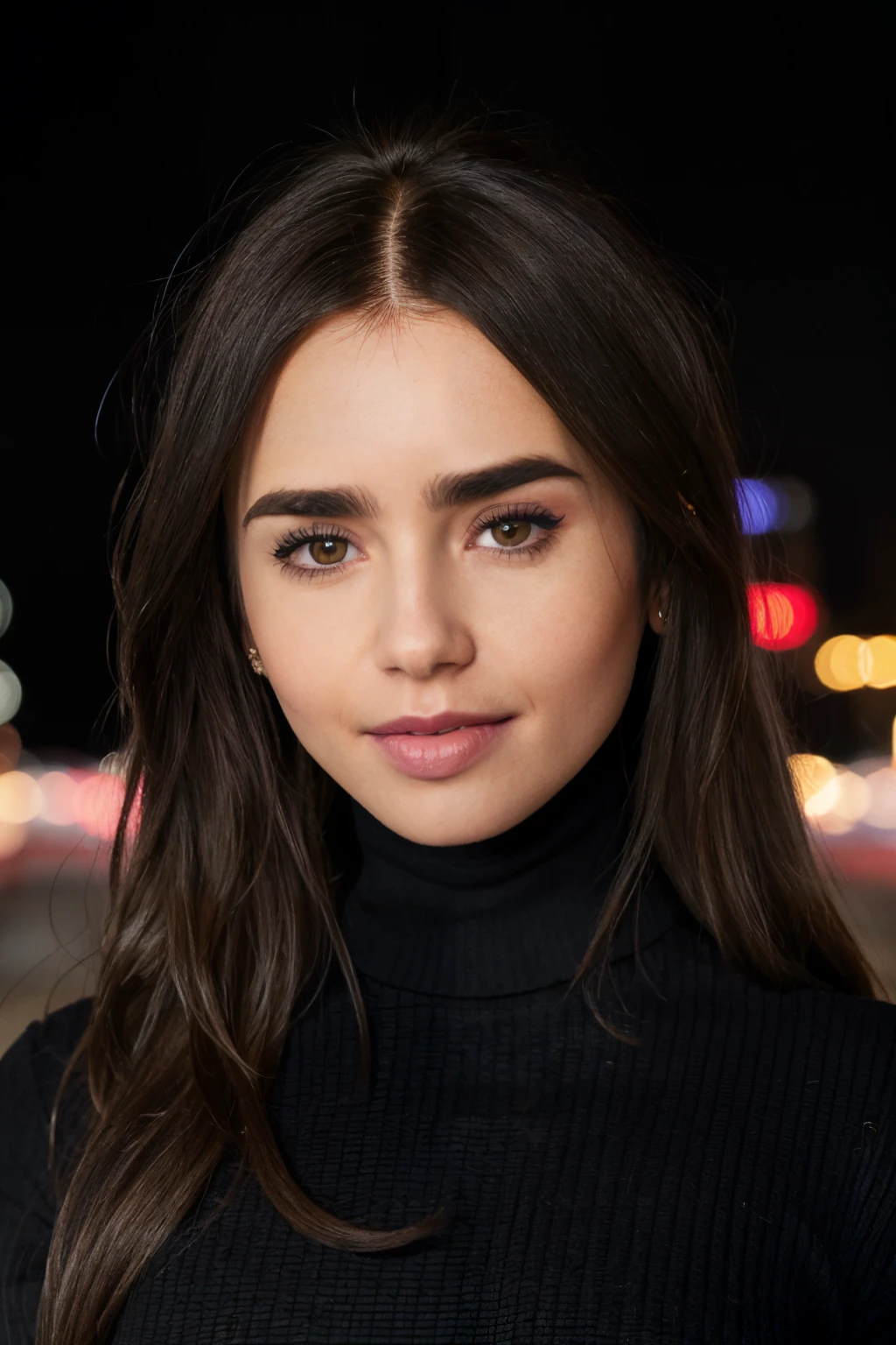 llcoll,long hair,black hair,close-up,turtleneck,dof,night,neon lights,city street,bokeh
