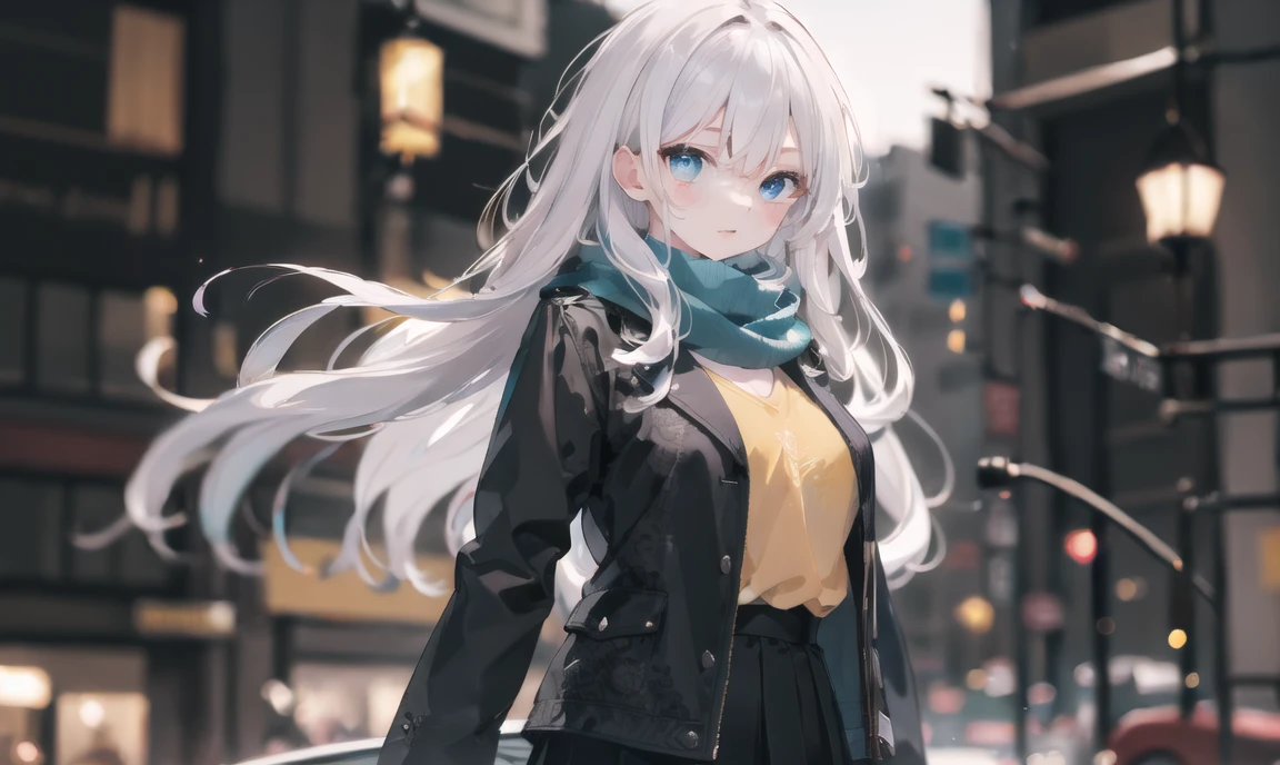 finely detail, Depth of field,best quality, illustration,highres,intricate detail, an extremely delicate and beautiful,
1girl, long hair, shirt, yellow shirt, (namess koishi:0.4), disheveled hair, breasts black jacket, black sleeves,white hair, green scarf, blue eyes, ,skirt,
city, <lora:20240107-1704597280257-0013:0.5>
