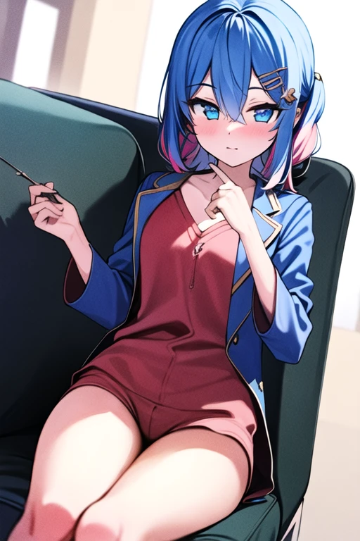 best quality, masterpiece, ultra high res, 1girl, blue eyes, blue hair, multicolored hair, pink hair, hair between eyes, medium hair, hair ornament, hair rings, hairclip, small breasts, blue jacket, sitting on chair, blush, cowboy shot, looking at viewer <lora:kanzarin:1>
