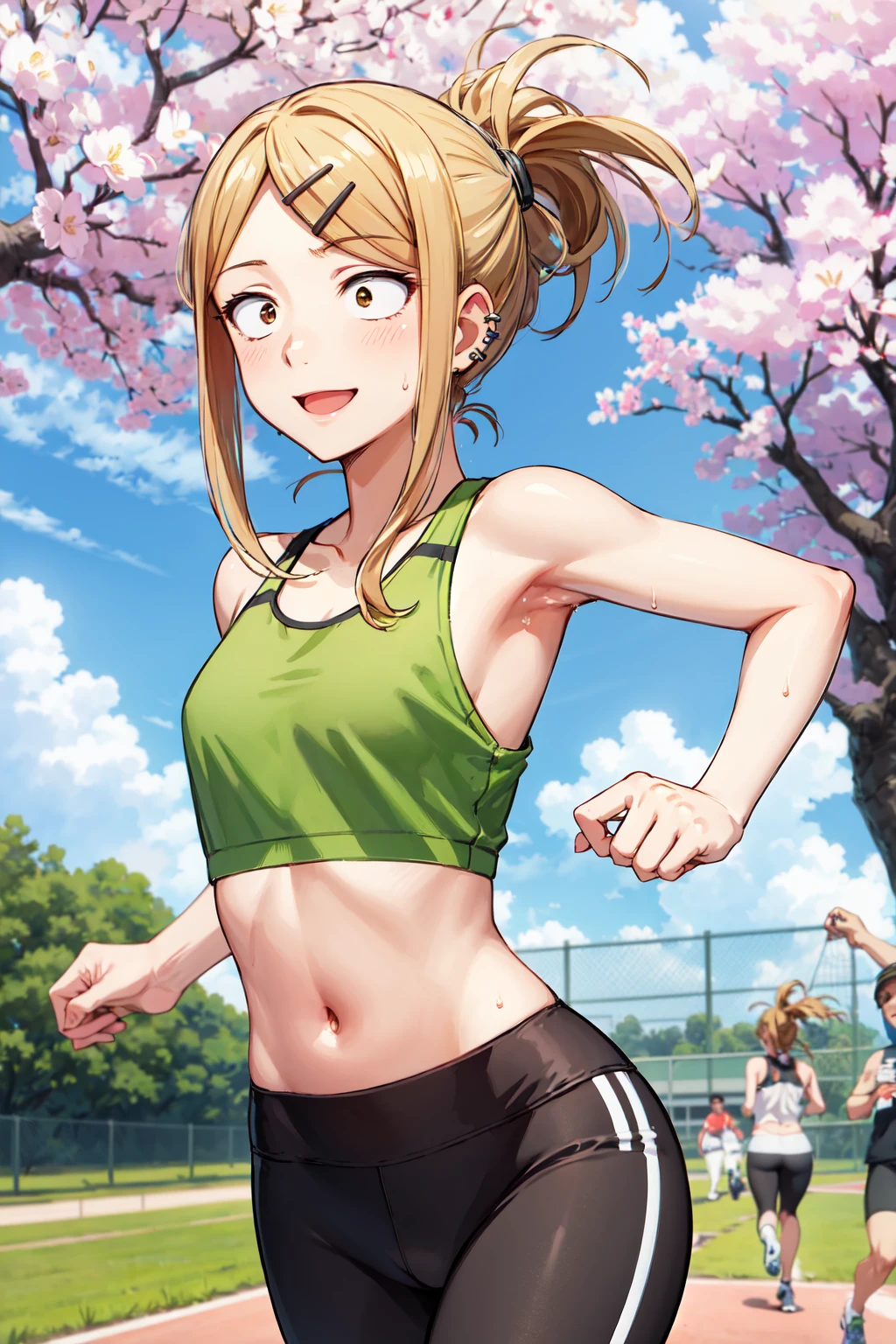 masterpiece,best quality,highres,ultra-detailed,aasaya,sanpaku,long hair,hairclip,parted bangs,ear piercing,small breasts,<lora:endou_saya:0.8>,sports bra,(leggings:1.2),outdoors,cherry blossoms,smile,sweat,running,ponytail,