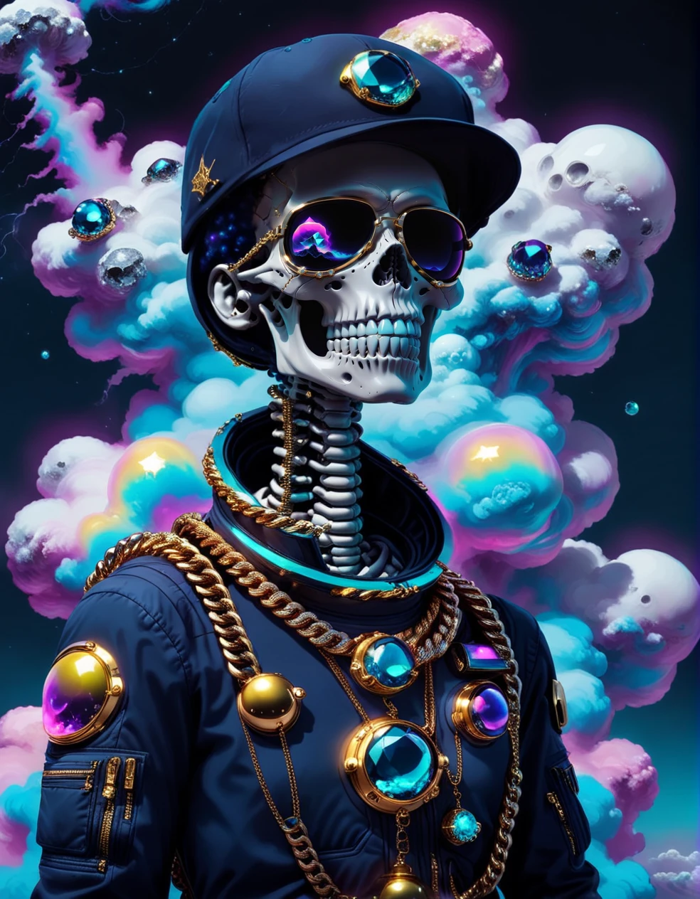 <lora:SkeletoNaut-000009:1>  SkeletoNaut navy blue vaporwave style clouds, skeleton astronaut, aura, vibrant energy,  wearing diamond and gold cuban links necklaces,  navy blue bling bling military space suit, a ton of jewelry, fitted ball cap,