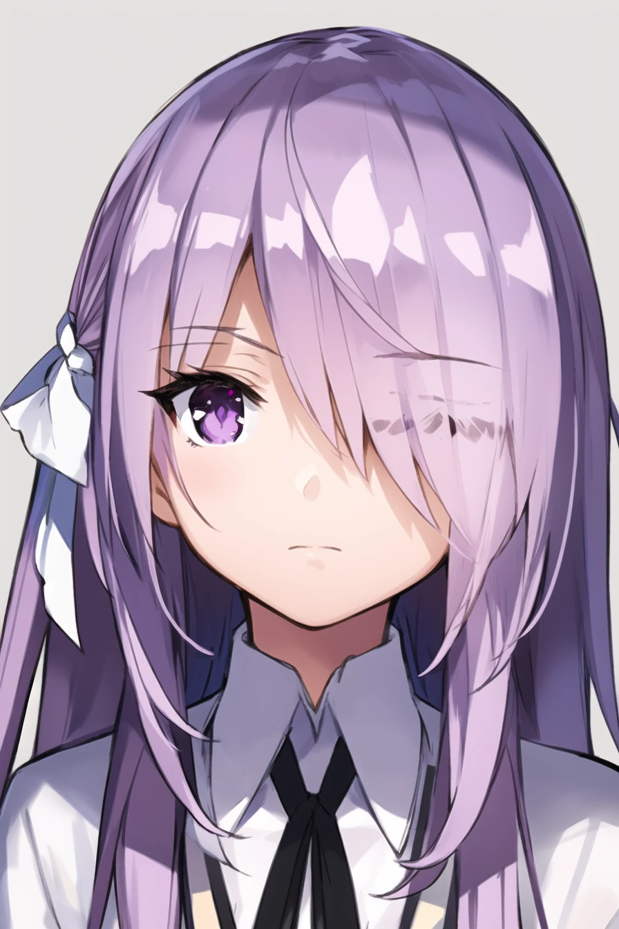 1girl, solo, long hair, purple eyes, portrait, shirt, ribbon, white shirt, hair ribbon, collared shirt, purple hair, white ribbon, closed mouth, bangs, hair over one eye, simple background, hair between eyes, eyes visible through hair, <lora:hbr:0.8>