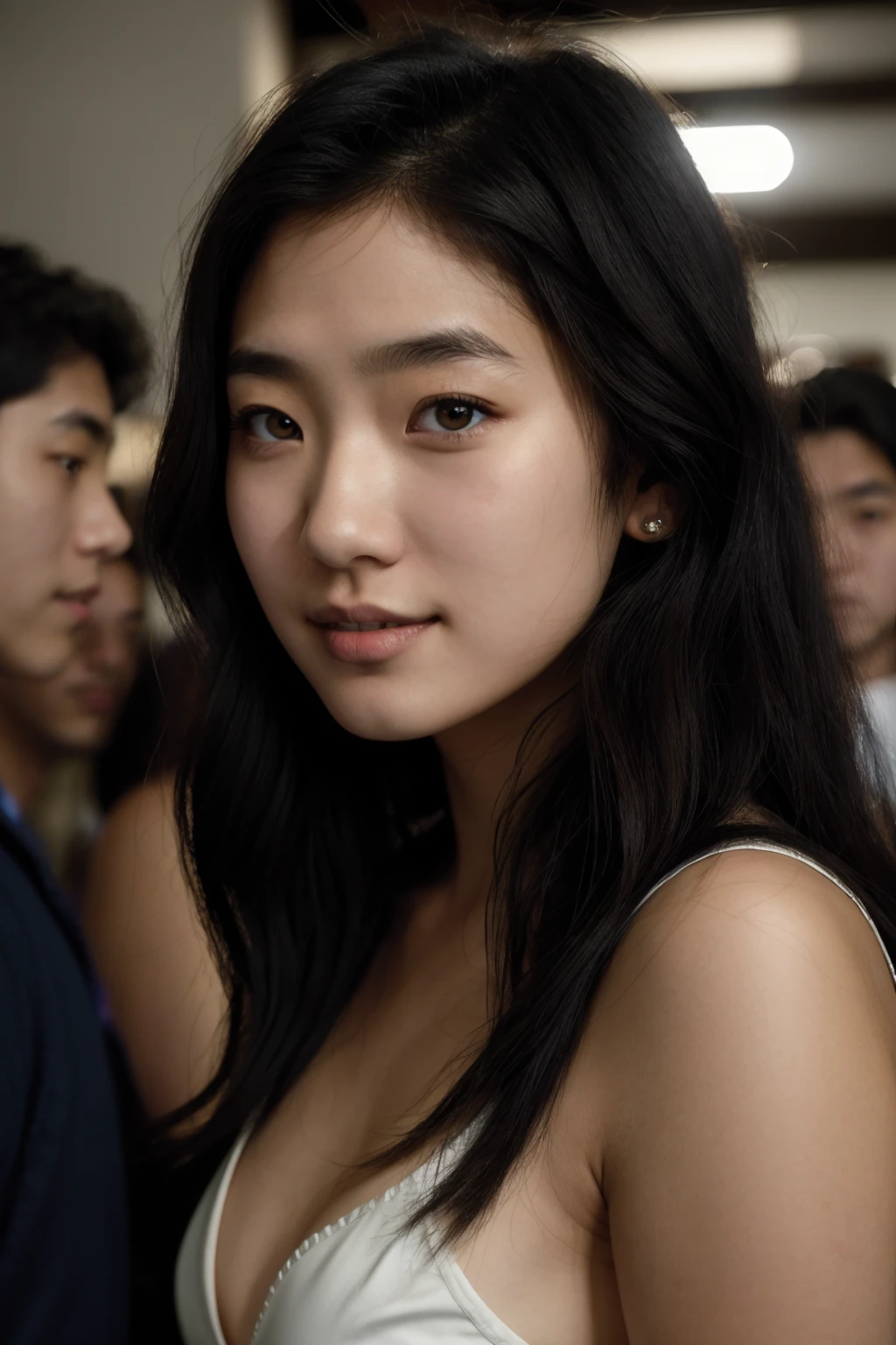 (masterpiece, best quality, high resolution:1.2), (seductive pose:1.2), (dynamic angle),
casual photography, shot on Fujifilm X-T4, 56mm, f/1.2, hard shadows, RAW photo, bokeh, photon mapping, ray tracing, desaturated, soft lighting, sharp focus on subject,
detailed face, detailed eyes, detailed skin, extremely detailed, intricate details,
(1girl, 19 years old),<lora:YoM_CGMichelle:1>, yom_cgmichelle, solo, realistic, long hair, black hair, black eyes, lips, looking at viewer, slight smile, dress, ((at a crowded, wild college fraternity party:1.2))