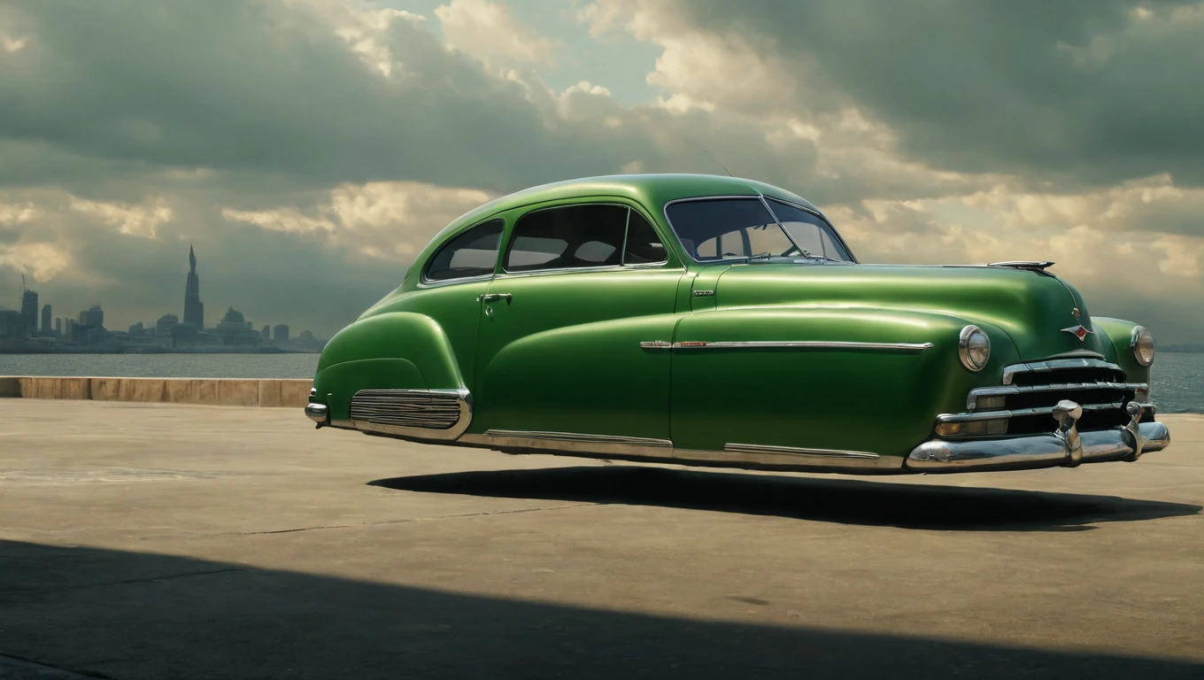 green hovering car, <lora:Hovering_Car_SDXL_v1:1>Hovering_Car, 1949, city streets, no wheels, (1940s  automobile)  hyper realistic, 16k, cinematic lighting, wide shot, f/3.6, gotham city background, gloomy, haze, perfect composition, beautiful detailed intricate insanely detailed octane render trending on artstation, 8 k artistic photography, photorealistic concept art, soft natural volumetric cinematic perfect light, chiaroscuro, award - winning photograph, masterpiece, oil on canvas, raphael, caravaggio, greg rutkowski, beeple, beksinski, giger