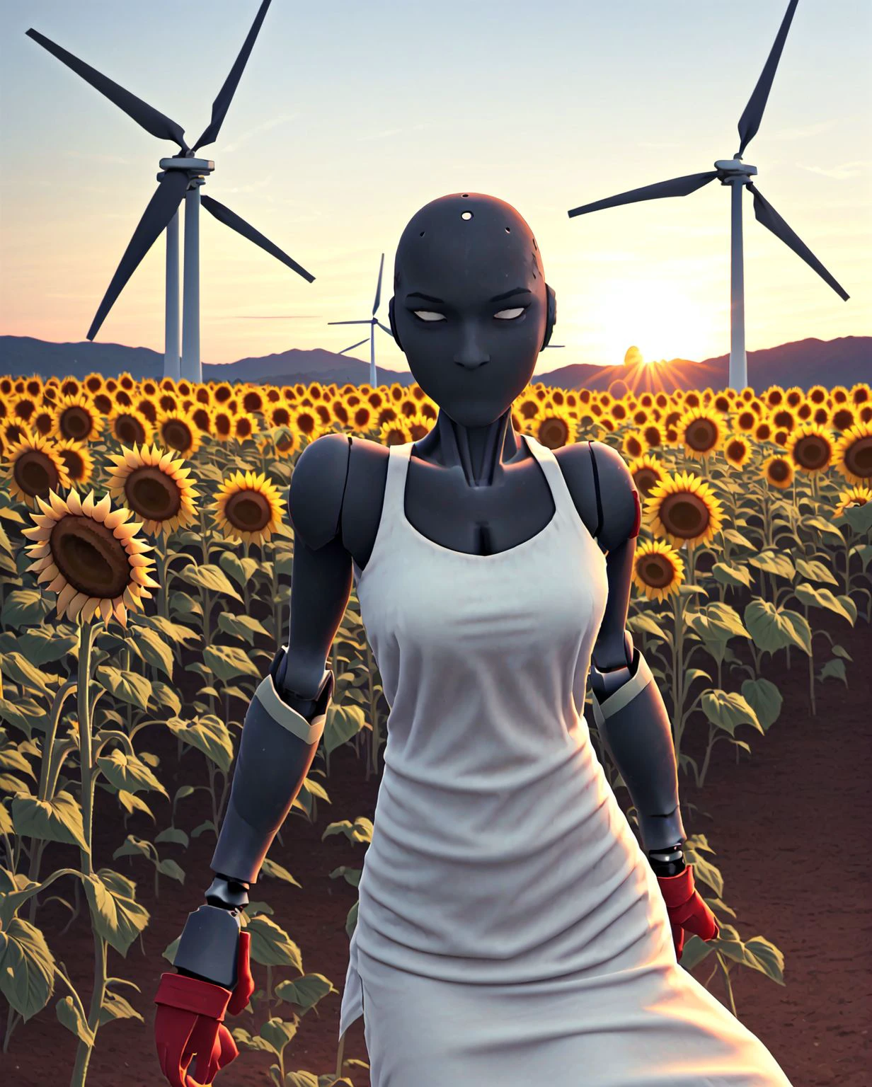(intricately detailed, best quality, high resolution, highly detailed skin:1.4), looking at viewer, (outdoor scene, verdant field of sunflowers, wind turbines, high noon:1.3), (cute pose:1.2), <lora:gr373lTS-10(1):0.9> gr373lts, (humanoid robot, mecha, robot joints:1.2), white eyes, bald, mouthless, (short red gloves:1.2), (polished chrome skin:1.2), (wearing simple thin white sundress, silhouette:1.4), <lora:Mouthless_V1.2:1>