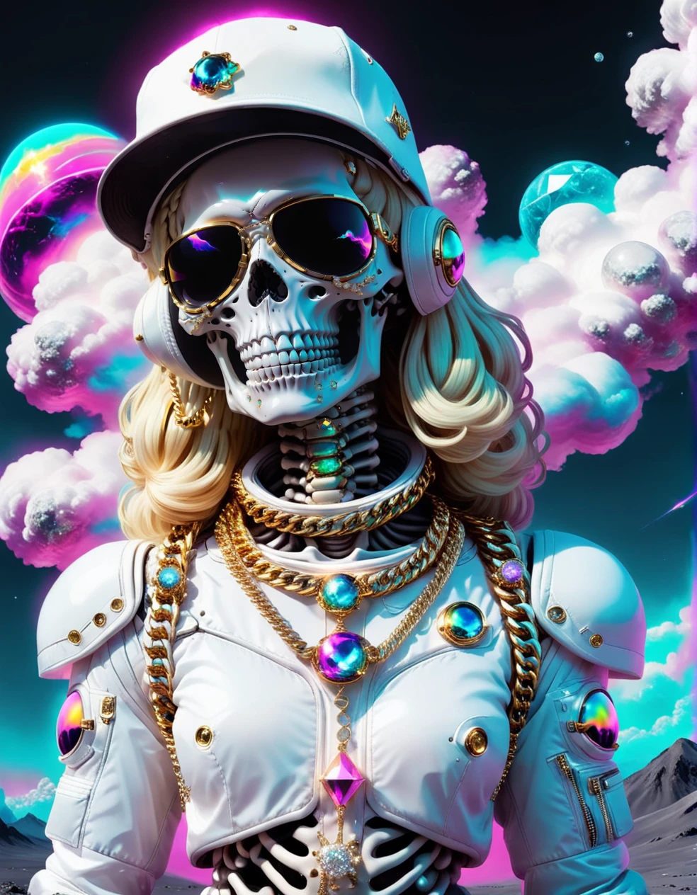 <lora:SkeletoNaut-000009:1>  SkeletoNaut white vaporwave style clouds, skeleton astronaut, aura, vibrant energy,  wearing diamond and gold cuban links necklaces,  white bling bling military space suit, a ton of jewelry, fitted ball cap, forward facing, blondie