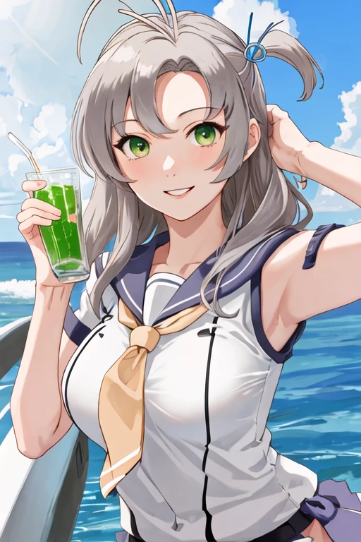 best quality, masterpiece, highres, solo, {kinugasa_kantaicollection:1.15}, green_eyes, grey_hair, antenna_hair, long_hair, breasts, smile, hair_tie