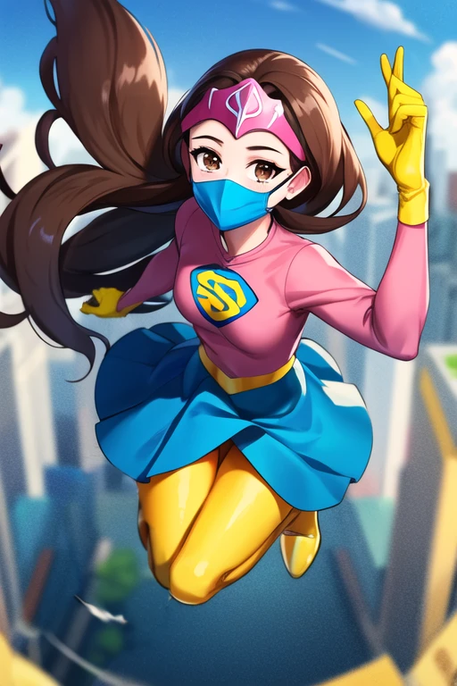 masterpiece, best quality, <lora:susana_distancia:0.7> 1girl, solo, long hair, brown hair, brown eyes, looking at viewer, smile, diadem, pink shirt, long sleeves, yellow gloves, mouth mask, mask, yellow leggings, pink footwear, knee boots, blue skirt, flying, superhero, outdoors,