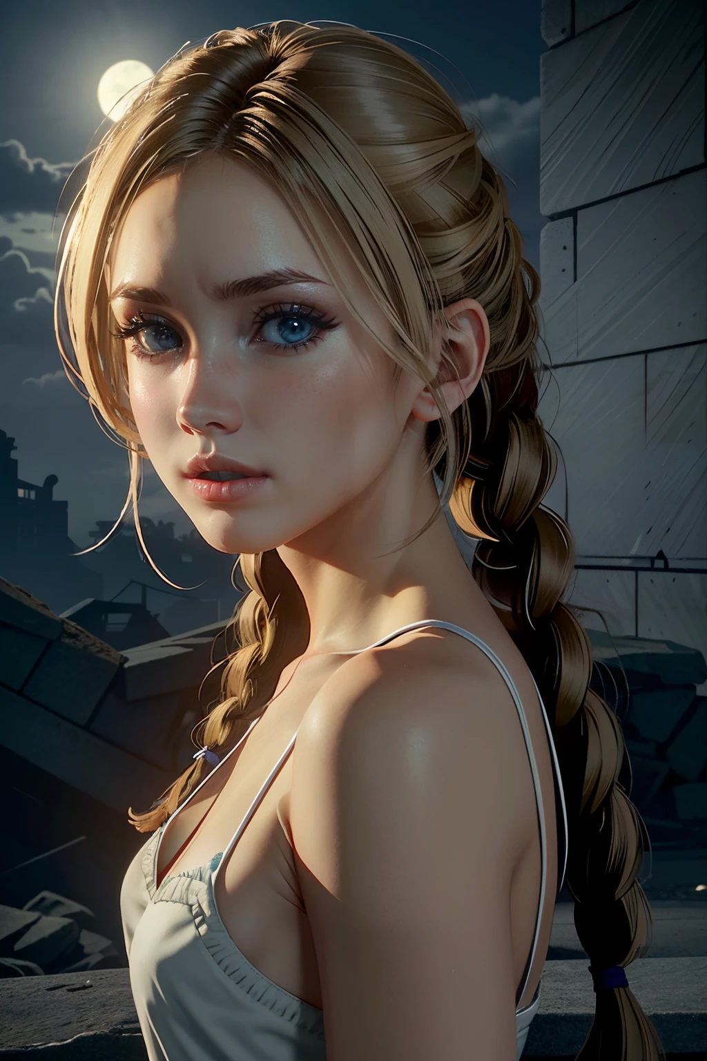 ((ultra detailed, masterpiece, absurdres))
<lora:UDJess:0.9>
UDJess, 1girl, solo, blue eyes, blonde hair, twin braids, standing at the beach, palm trees, ocean, waves, cinematic lighting