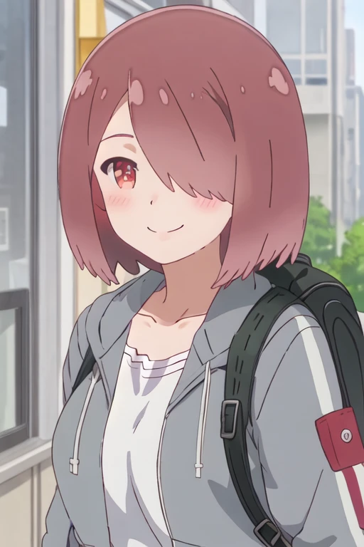 best quality, masterpiece, highres, solo, {miyako_hoshino_watashinitenshigamaiorita:1.15}, brown_hair, short_hair, blush, hair_over_one_eye, red_eyes, bangs, closed_mouth, 1girl, jacket, open_clothes, shirt, upper_body, white_shirt, collarbone, open_jacket, backpack, bag, green_jacket, outdoors, smile