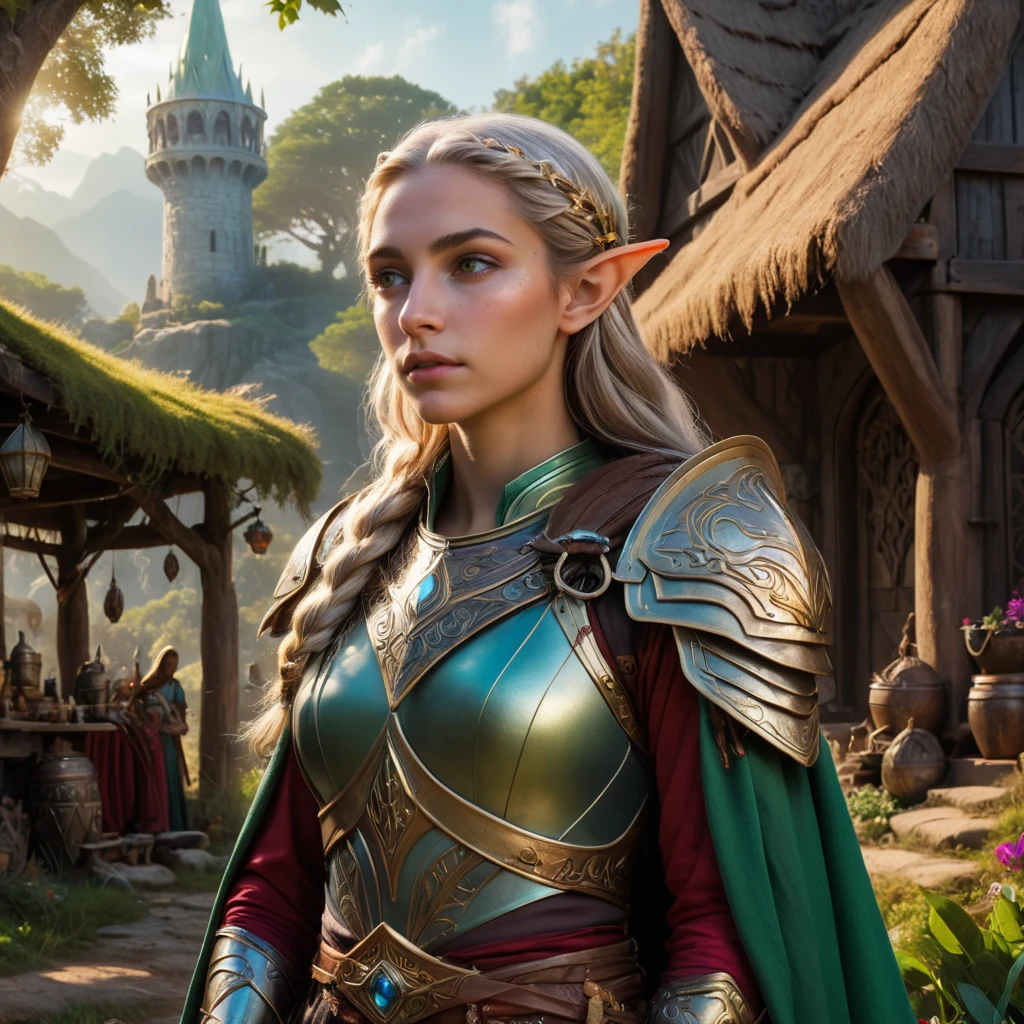 (very close shot, zoomed in face portrait:1.3) photo of a (homeric epic, iliad, odyssey fantasy style:1.5) pondering, (closed mouth:1.5) calm cute tall young 29 year old (Saudi:1.3) (elf:1.5) woman, long honey hair, (tiny breasts:1.3), muscular ass, (perfect hands:1.3), (freckles:0.3).
She is wearing (an elven dress:1.1).
She is kneeling facing left, in a (magical enchanted fantasy:1.3) elven countryside with gadgets and armor shop, afternoon, dark.
cinematic lighting, vibrant colors, detailed skin texture, detailed cloth texture, beautiful detailed perfect face, (intricate sharp details:1.5), ultra high res