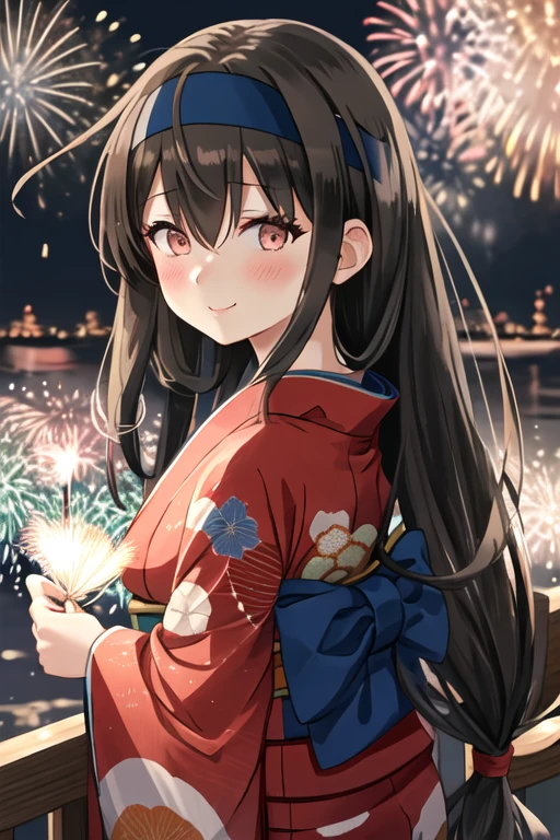 best quality, masterpiece, highres, solo, {hatsushimo_kantaicollection:1.15}, black_hair, long_hair, headband, red_eyes, blush, blazer, blue_headband, hair_between_eyes, low-tied_long_hair, brown_eyes, 1girl, fireworks, japanese_clothes, kimono, looking_at_viewer, smile, yukata, alternate_costume, blue_kimono, from_behind, hair_ornament, looking_back, night, upper_body