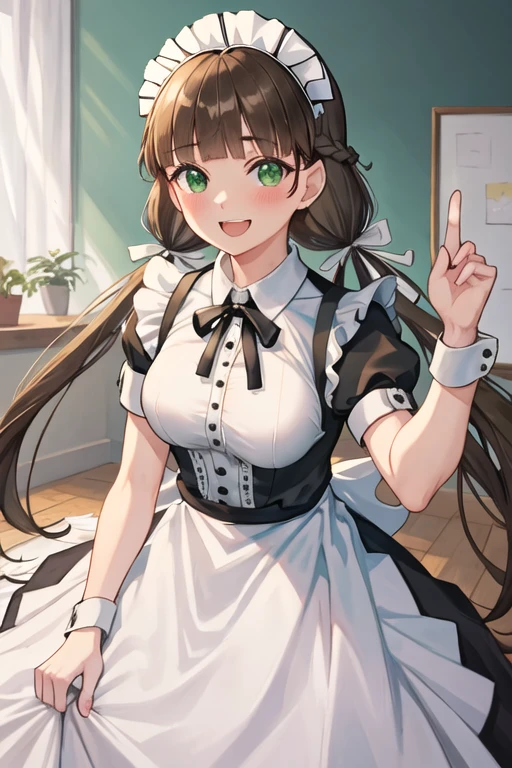 best quality, masterpiece, highres, solo, {maid:1.40}, {long maid dress:1.15}, {sakurakouji_kinako_lovelivesuperstar:1.15}, bangs, brown_hair, long_hair, green_eyes, twintails, low_twintails, blunt_bangs, smile, braid, blush, ribbon, open_mouth, breasts, hair_ribbon