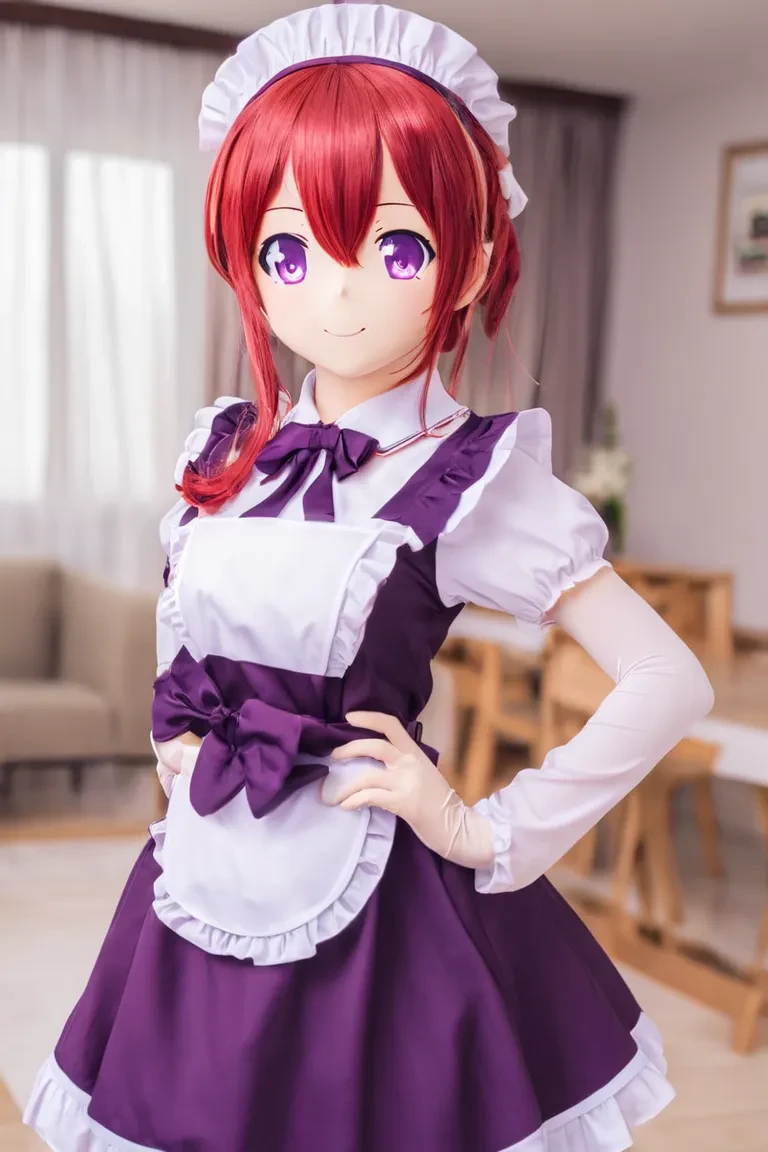 animegao cute girl, maid uniform, purple eyes, red hair <lora:agkr-sdxl-v1-000004:1>
