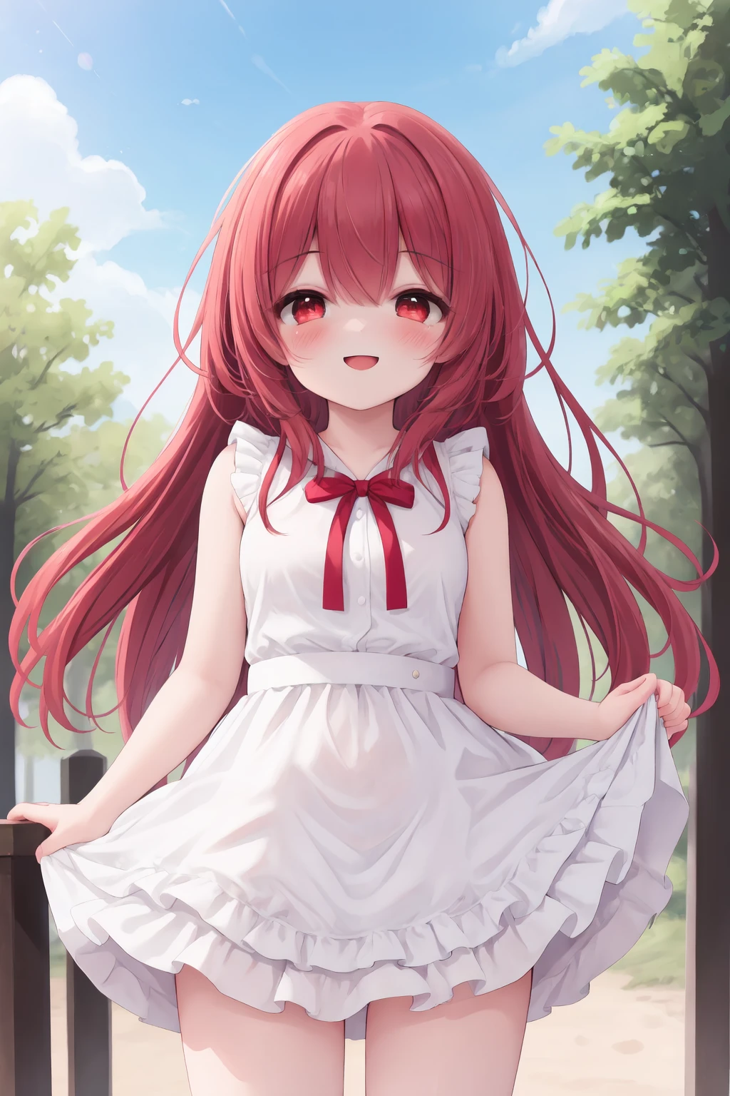 masterpiece, best quality, highres, perfect anatomy, ((cute)), 1girl, (very cute girl), long red hair, red eyes, expressive eyes, white frilled dress, cowboy shot, smile, happy face, outdoors, looking at viewer, vibrant colors