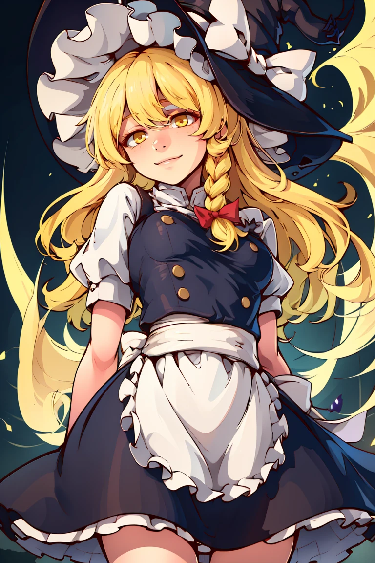 ((masterpiece,best quality)), absurdres, <lora:Kirisame_Marisa_Touhou:0.8>, Kirisame_Marisa_Touhou, 1girl, blonde hair, kirisame marisa, solo, long hair, braid, bow, black witch hat, yellow eyes, single braid, hair bow, black skirt, apron, solo, smiling, looking at viewer, from below, cowboy shot,