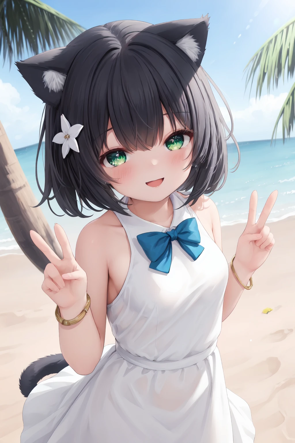 (girl): solo,(perfect face),(detailed outfit),lovely girl,(cat ears),excited,(sparkling eyes),(bid smile),(peace sign),black hair,medium hair,(twintails),green eyes,pale skin,small breasts,(blue and white dress),(jewelry hair ornament),(flower hair clip),(anklet) (background): from front,outdoor,deserted island,(palm trees),(sand),(sea),(sky),morning,(clear) (effects): (masterpiece),(best quality),(sharp focus),(depth of field),(high res),