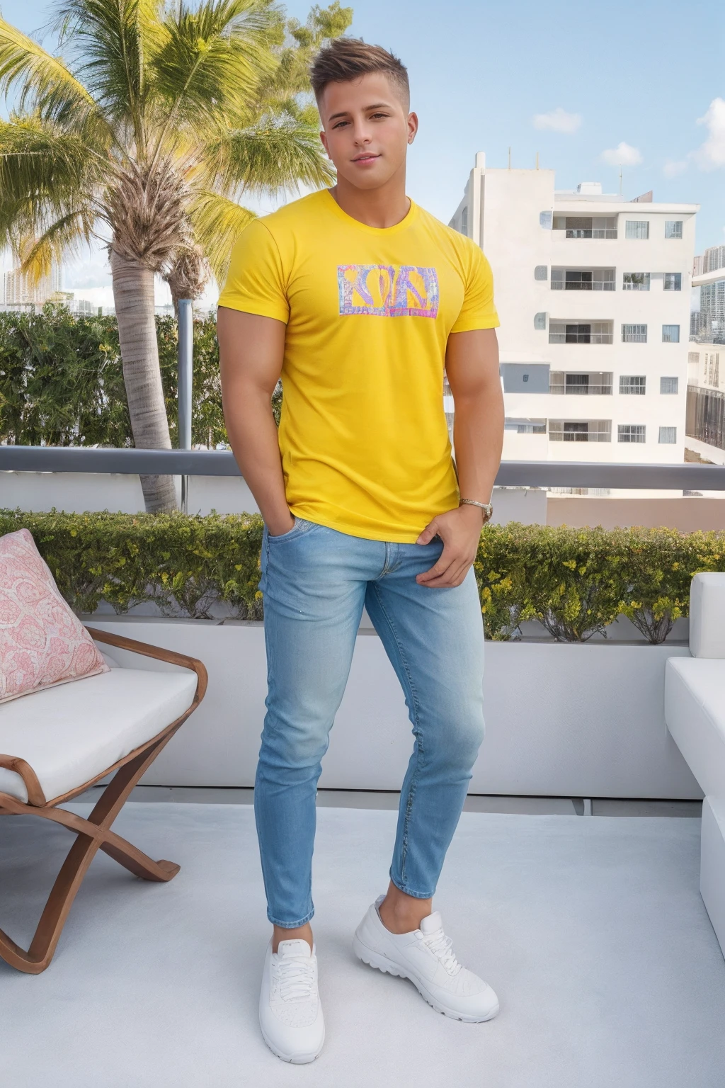 male focus, full body photo of sc_nxn <lora:sc_nxn-07:0.85>, relaxed confident expression, standing on a Miami rooftop lounge, wearing a well-fitted yellow graphic t-shirt and jeans and white sneakers, depth of field, subtle shadows, bohemian patterned pillows, modern outdoor furniture