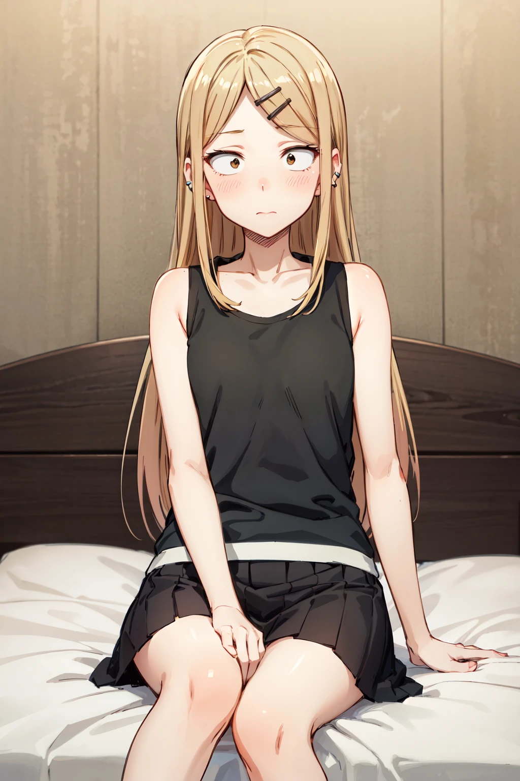 masterpiece,best quality,highres,ultra-detailed,aasaya,sanpaku,long hair,parted bangs,hairclip,ear piercing,small breasts,tank top,black shirt,sleeveless,skirt,<lora:endou_saya:0.8>,indoors,bed,sitting,blush,embarrass,