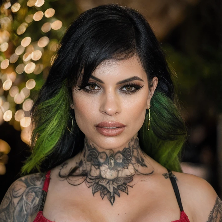 (masterpiece:1.2), (best quality,:1.2), 8k, HDR, ultra detailed, ((photorealistic)), professional light, cinematic lighting, fashion photography, ambient lighting, face lighting, XWife, <lora:XWife-10:1>, earrings, choker, dark makeup, long and wild and messy green hair, ((portrait shot)), dynamic pose, <lora:detail_slider_v4:2>, OverallDetail, fhanddetail:1.4, ffacedetail:1.4, skindetail, hairdetail, looking at viewer, epiCPhoto, turtleneck pullover, neck tattoo