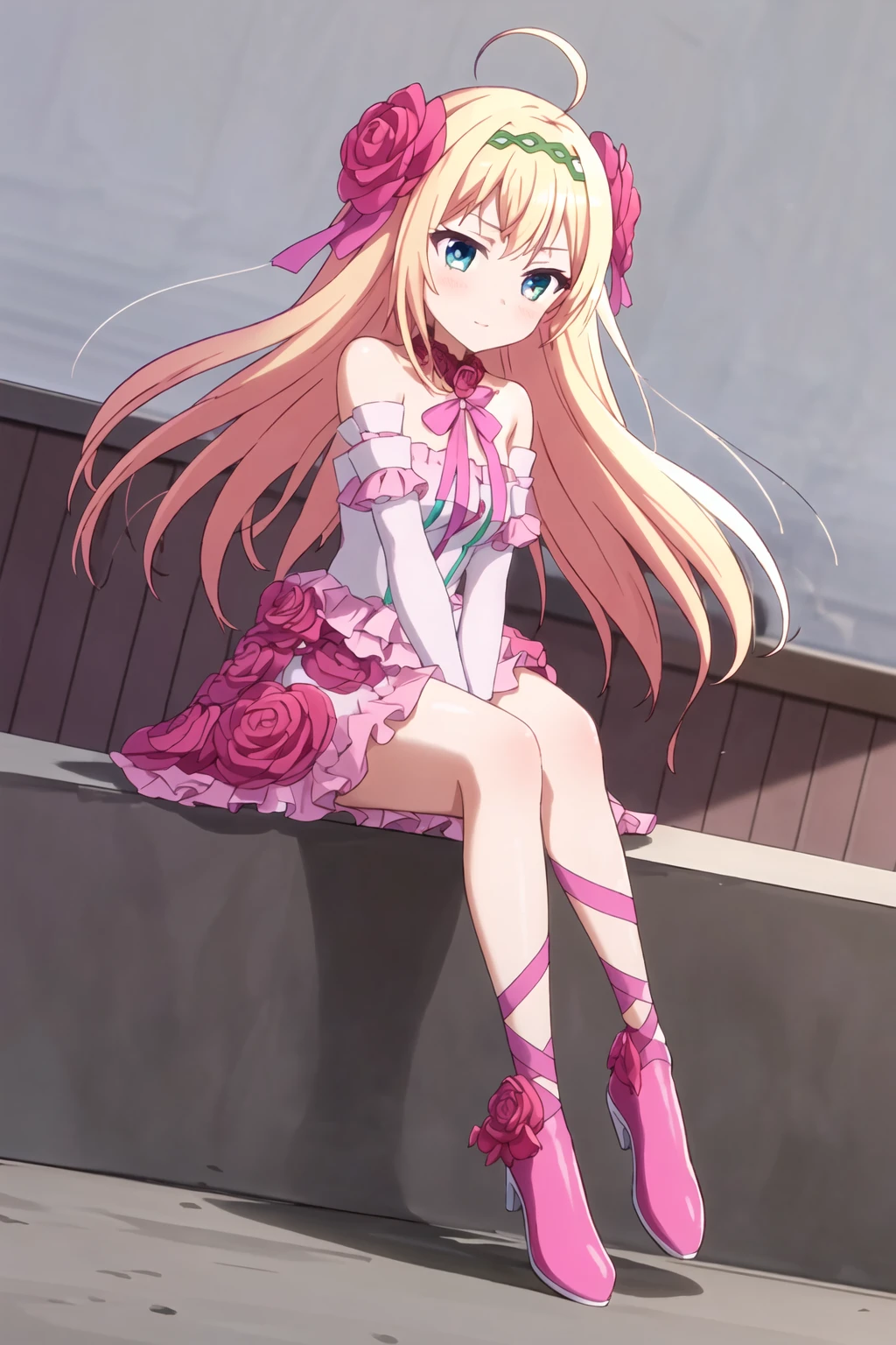 best quality, masterpiece, highres, solo, 1girl, full body,  sitting, 
<lora:rionesu:0.67> rionesu, high heels, pink footwear, hair ornament, hairband, hair flower,  thorns, simple background,