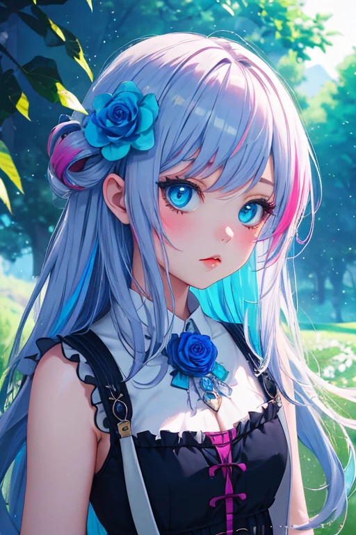 cinematic, cinematography, available light, sharp absurdres aesthetic, waist up half portrait, multicolored phantasmagoria, kawaii 1girl, floral natural landscape, softbox photography, semirealism