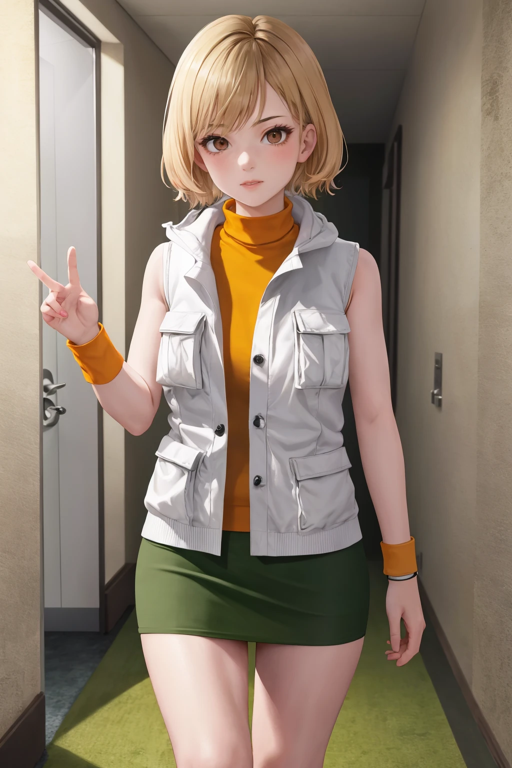 masterpiece, best quality, 1girl, solo, <lora:heathermason-sh-richy-v1_1:1> heatherdef, sleeveless, turtleneck sweater, vest, wristband, miniskirt, green skirt, hallway, walking