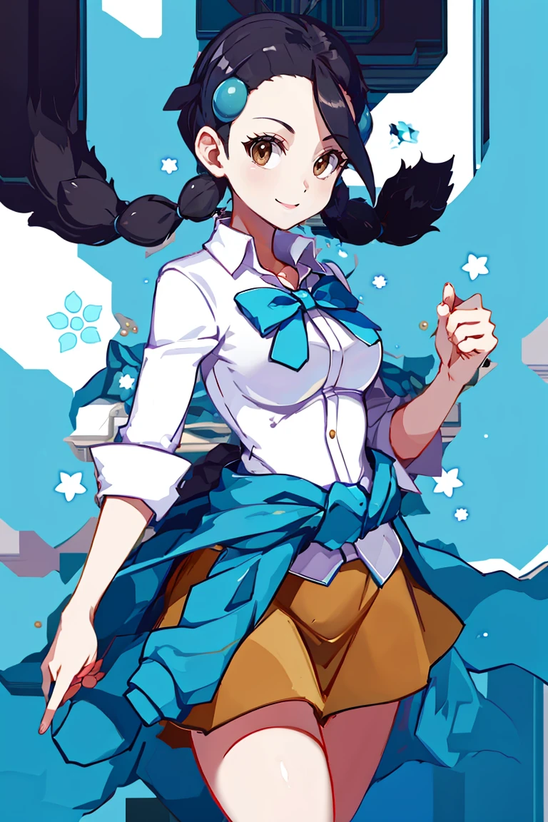 <lora:Harada_Takehito_Background_Dim32:0.8>,((masterpiece,best quality)), absurdres, <lora:Candice_Pokemon:0.8>, Candice_Pokemon, hair ornament, twintails, hairclip, striped socks, bowtie, sweater around waist, brown skirt, solo, smiling, looking at viewer, cowboy shot