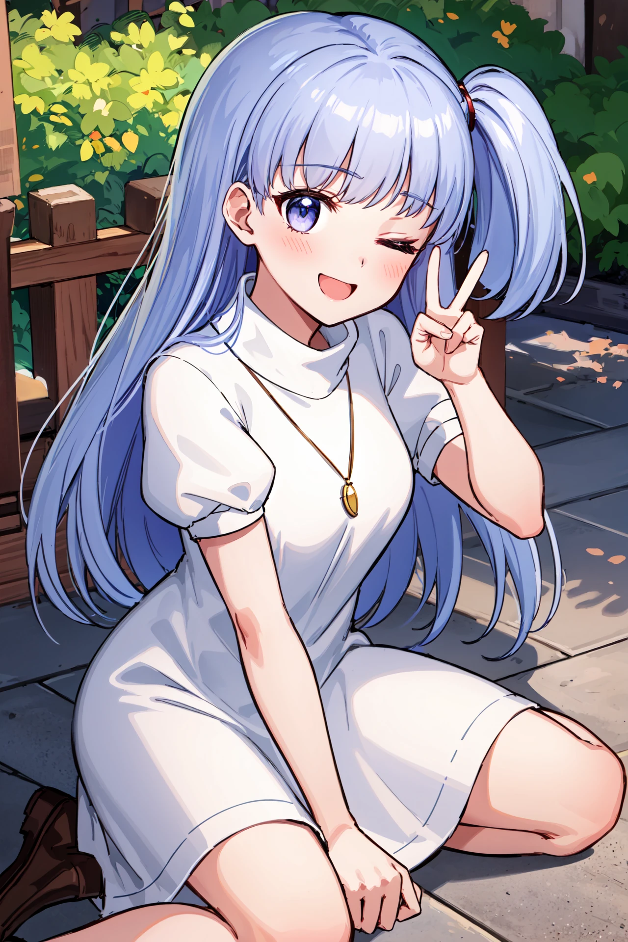 upper_body,one eye closed,peace sign over eye,<lora:marishaV1:0.95>,marisha,blunt bangs, jewelry, happy, puffy short sleeves, white dress, brown loafers, pendant, turtleneck, no socks,outdoors,(masterpiece, best quality, ultra-detailed, best shadow)