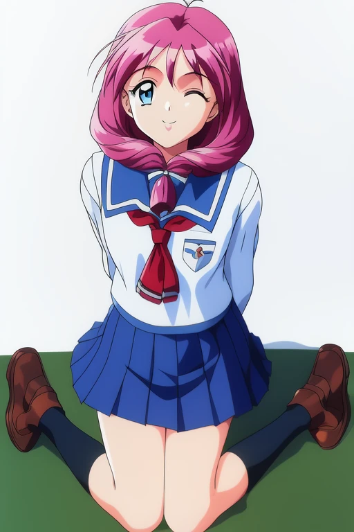 <lora:Shirayuki_Miho_Maho:1>, shirayuki, 1girl, solo, 1990s (style), school uniform, one eye closed, retro artstyle, skirt, long hair, white background, pleated skirt, smile, simple background, long sleeves, arms behind back, full body, loafers, holding, shoes, looking at viewer, blue skirt, brown footwear, socks, serafuku, low-tied long hair, school bag, school briefcase,
masterpiece, high quality, very_high_resolution, large_filesize, full color,