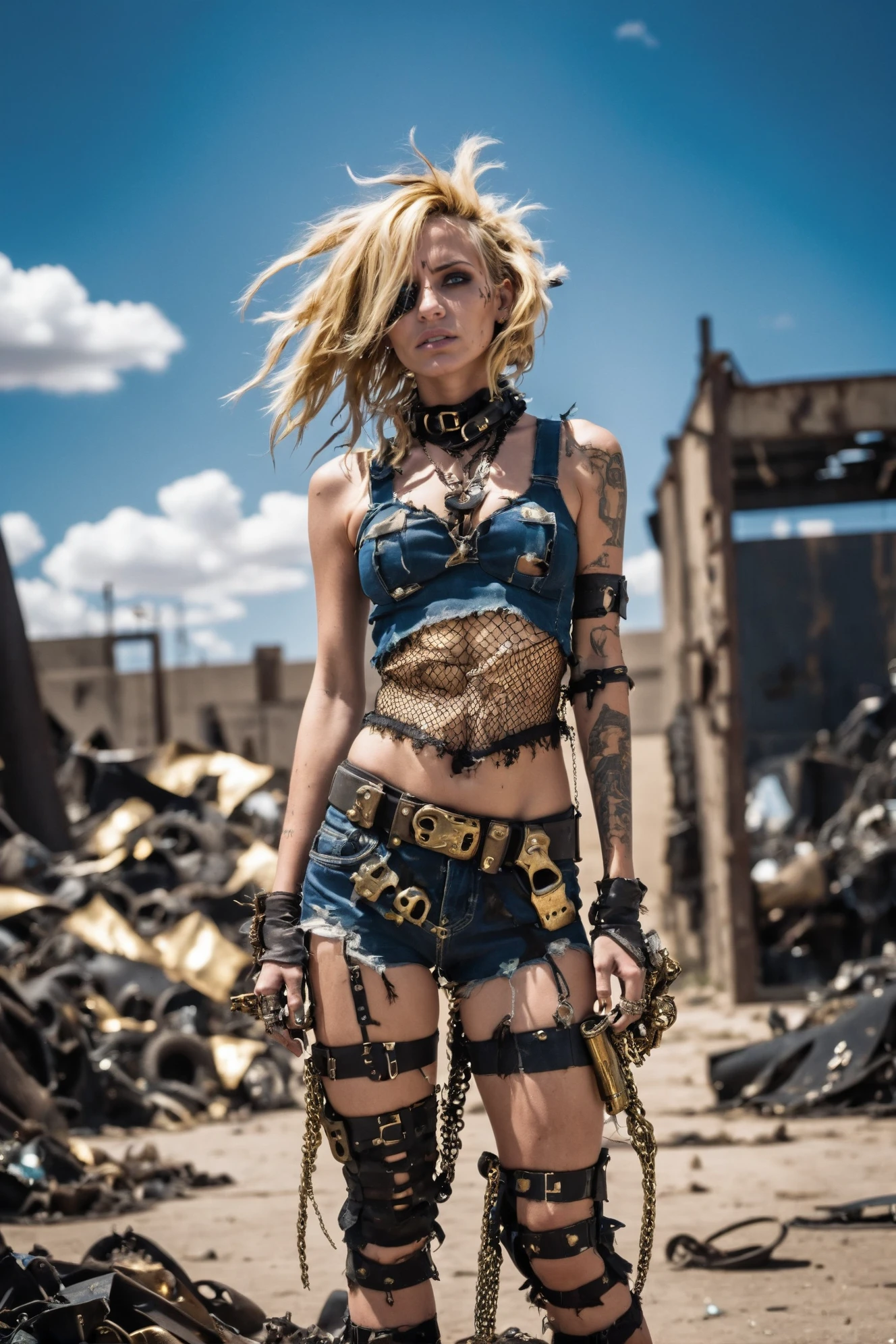 photograph, cinematic color grading, post apocalyptic, scrap metal, tattered clothes, woman, solo, fishnets, gold hair, Wavy Lob,  Mexican, noon, blue sky, clouds, scenery, "at the Polished final Tesseract"<lora:EnvyWastelandWarriorXL01:0.85>