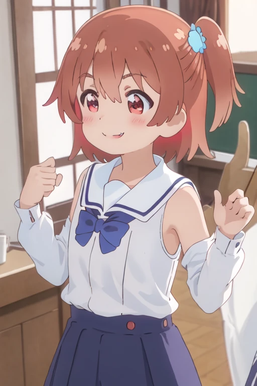 best quality, masterpiece, highres, solo, {hinata_hoshino_watashinitenshigamaiorita:1.15}, brown_hair, blush, bangs, red_eyes, short_hair, closed_mouth, smile, female_child, one_side_up, hair_between_eyes, indoors, 1girl, :d, >_<, blue_dress, closed_eyes, dress, fang, long_sleeves, open_mouth, sailor_collar, sailor_dress, school_uniform, shirt, white_sailor_collar, white_shirt, xd, sleeveless, sleeveless_dress, clenched_hands, hands_up, profile