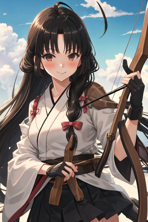best quality, masterpiece, highres, solo, {shouhou_kantaicollection:1.15}, long_hair, black_hair, brown_eyes, ahoge, smile, blush, breasts, 1girl, bow_\(weapon\), holding, holding_bow_\(weapon\), holding_weapon, japanese_clothes, looking_at_viewer, weapon, arrow_\(projectile\), gloves, partially_fingerless_gloves, upper_body, yugake, archery, bangs, brown_hair, cloud, kyuudou, muneate, sky, sun
