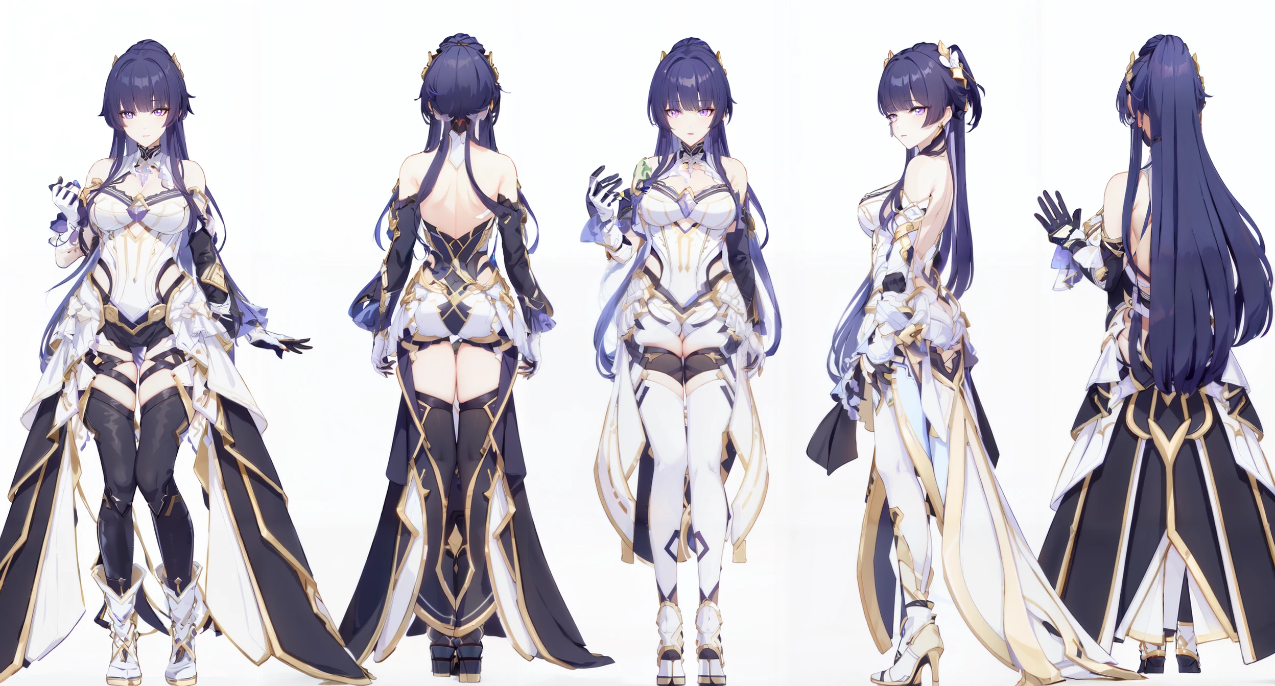 8k, best quality, masterpiece, (ultra-detailed:1.1), (high detailed skin),
<lora:shiyuan-v100:0.7:lbw=OUTALL>, shiyuan, 1girl, gloves, purple eyes, long hair, black gloves, bangs, bare shoulders, purple hair, gloves, hair ornament, ponytail,full body, 
<lora:renshe-v100:0.7:lbw=MIDD>, clothesviews, Different clothes, Dress-up display, multiple views, full body, back,from side,white background, simple background,